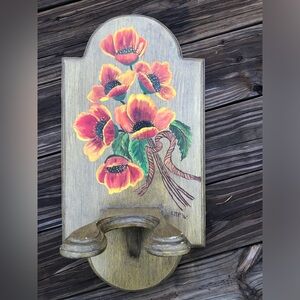 1974 Wall Mount Candle Holder Hand Painted Flowers Wood Shelf Cottage Farmhouse